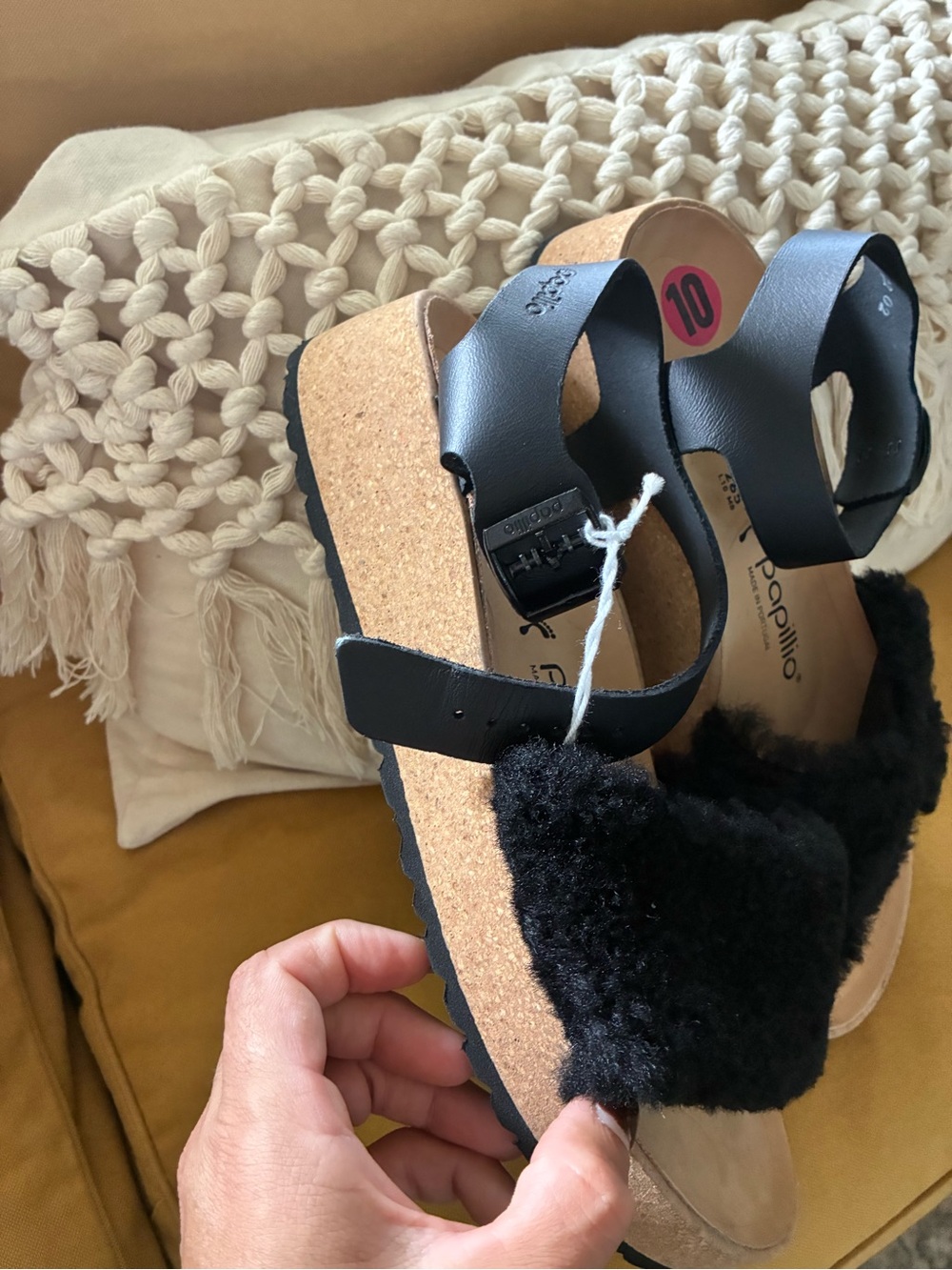 Papillio Kids Black Cork Footbed Sandals with Fuzzy Strap